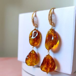 Orecchini Ambra Cognac Naturale Con Filigrana Dorata