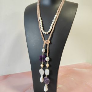Collana Perle Ametista E Quarzo Lunga Con Pietre Naturali
