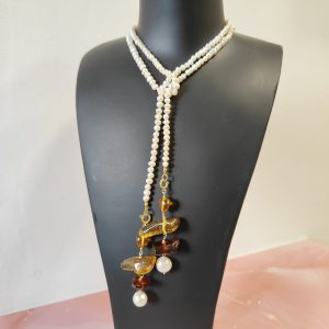 Collana Lunga Perle E Ambra Con Ciondoli Rimovibili