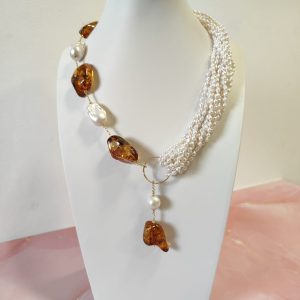 Collana Ambra e Perle Naturali Asimmetrica Con Fili Multipli