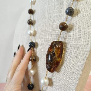 Collana Ambra Perle E Diaspro Lunga In Argento Dorato