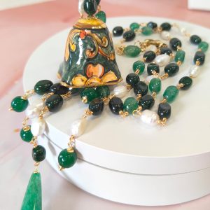 Collana Campanella Ceramica Verde Con Perle, Agata E Giada