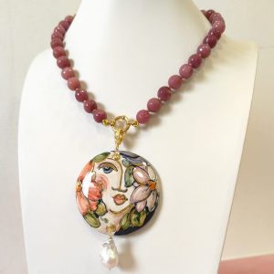Collana Volto Donna E Rodonite Con Perla Barocca