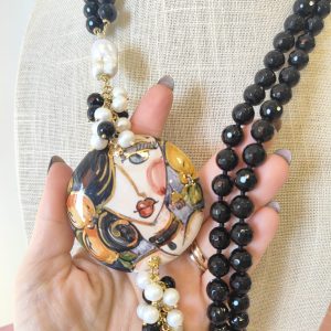 Collana Onice E Volto Donna Con Perle Naturali