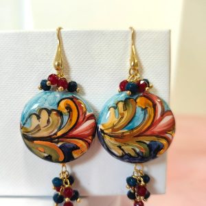 Orecchini Ceramica Dipinta Con Agata Borgogna E Zaffiro Blu
