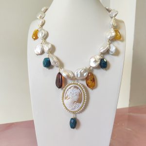 Collana Cammeo Perle Ambra – Gioiello Con Pietre Naturali