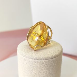 Anello Ambra Naturale Oro – Anello Regolabile In Argento Dorato