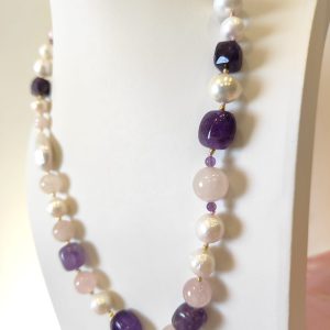 Collana Ametista Quarzo Rosa Con Perle Naturali