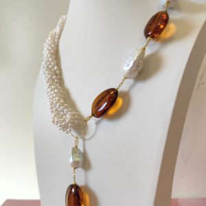 Collana Ambra E Perle Con Ciondolo Lungo In Argento Dorato