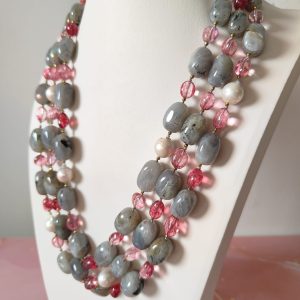 Collana Multifilo con Labradorite, Tormalina Rosa e Perle Naturali