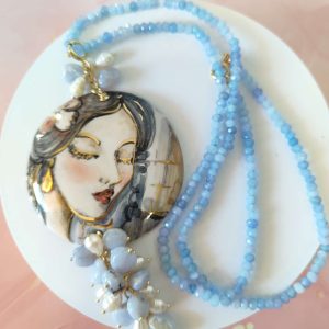 Collana Calcedonio Con Ciondolo Donna Dipinto A Mano