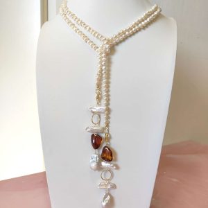 Collana Lariat Perle E Ambra – Micro Perle In Pezzo Unico