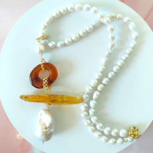 Collana Perle E Ambra – Pendente Artigianale In Pezzo Unico