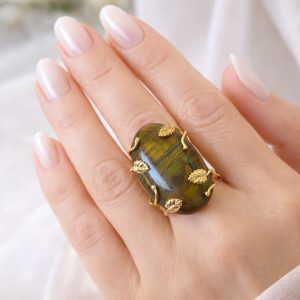 Anello Labradorite Verde Dorata In Argento Placcato Oro