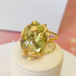 Anello Ambra Verde Naturale In Ottone Regolabile