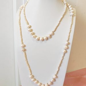 Collana Lunghissima Di Perle Micro E Ematite Dorata