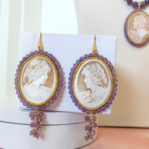 Orecchini Cammeo E Ametista Incisi A Mano