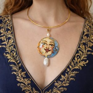 Sole E Luna Ceramica Dipinta A Mano Su Collana Rigida