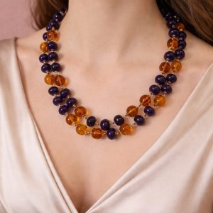 Collana Ametista E Ambra Naturale A Due Fili