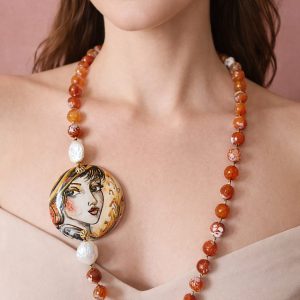 Collana Corniola Artistica Con Ceramica Dipinta A Mano