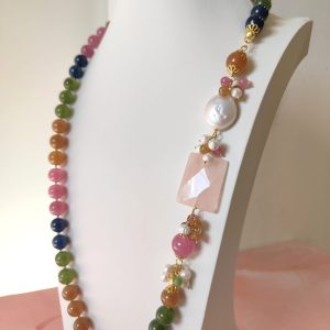 Collana Tormalina E Quarzo Rosa Con Perle Barocche