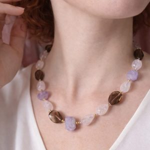 Collana Quarzo Rosa E Ametista Lavanda Con Quarzo Fumé