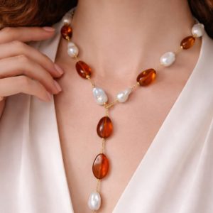 Collana Ambra Cognac E Perle Barocche Naturali