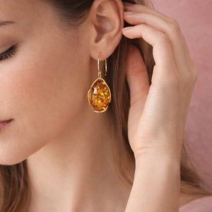Ambra Baltica Dorata Orecchini Artigianali In Argento 925