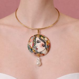Collana Volto Donna Dipinto Con Perla Barocca