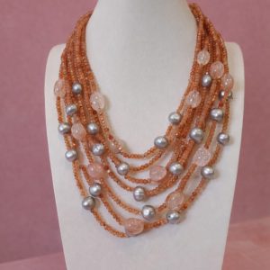 Collana Multifilo Sunstone E Quarzo Ematoide Con Perle Grigie