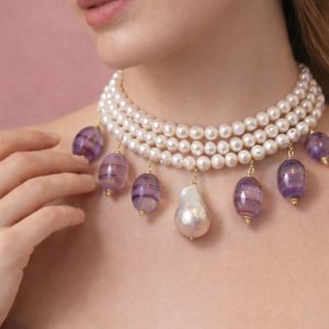 Choker Perle Fluorite Con Perla Barocca - Eleganza Regale