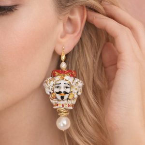 Orecchini Testa Di Moro In Ceramica Con Perle Naturali