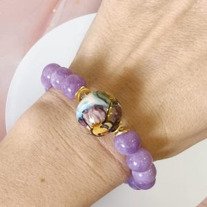 Bracciale Kunzite E Ceramica Dipinta Con Fiori E Oro