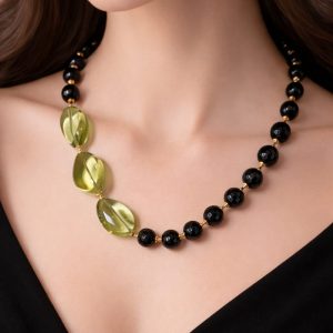 Collana Ambra Verde E Onice Con Argento Placcato Oro