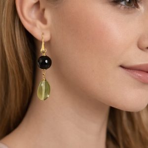 Orecchini Ambra Verde E Onice Con Argento Placcato Oro