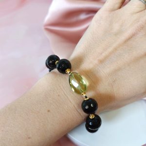 Bracciale Ambra Verde E Onice Con Argento Placcato Oro