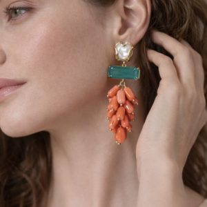 Orecchini Corallo Bamboo Eleganti Con Perla E Quarzo