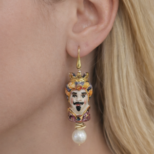 Orecchini Teste Di Moro E Perle Con Ceramica Dipinta A Mano