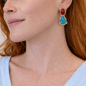 Orecchini Corallo E Turchese Naturale In Argento Dorato