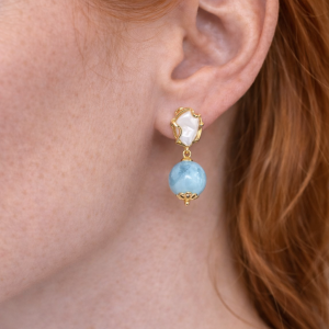 Orecchini Perla E Larimar Pendente Eleganza Luminosa