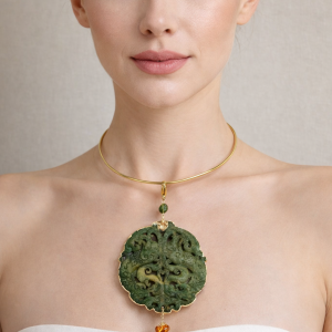 Collana Mandala Giada Verde – Ciondolo Con Ambra E Tormalina