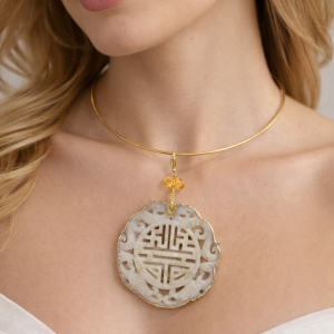 Ciondolo Mandala In Giada Con Ambra Su Girocollo Rigido