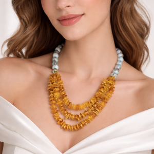Collana Larimar E Ambra Naturale - Scenografica Da Décolleté