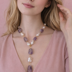 Collana Ametista E Perle Barocche In Argento Placcato Oro