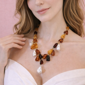 Collana Ambra E Perle Barocche Artigianale In Argento Dorato