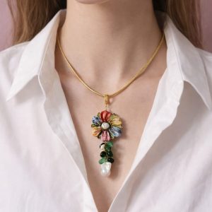 Collana Fiore Ceramica Dipinta a Mano Con Pietre e Perle Naturali