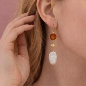 Orecchini Perla Barocca E Ambra In Argento 925 Dorato