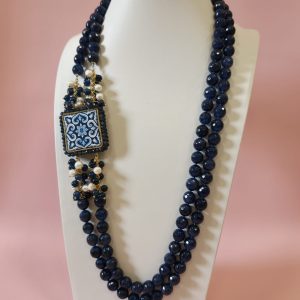 Collana Siciliana Con Zaffiro Blu E Maioliche Artigianali