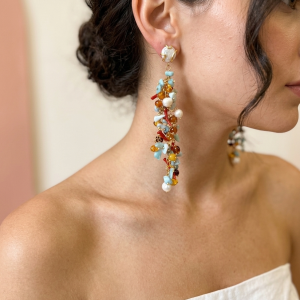 Orecchini A Cascata Larimar Ambra Con Perle e Corallo