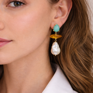 Orecchini Perle Barocche E Ambra Con Amazzonite Naturale